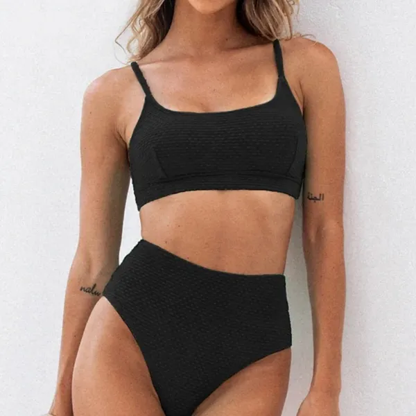 Cupshe Textured Black Scoop Neck High Waisted Bikini Set Size xl - Image 4