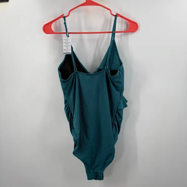 Summer Mae Maternity Swimsuit SZ Medium One Piece Teal Rib Ruffle V Neck NWT - Image 2