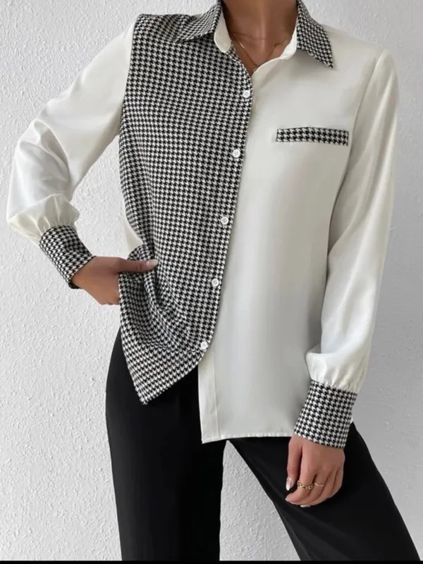 Shein Women's Two-Tone Houndstooth Contrast Button-Up Shirt - White/Black - Image 5