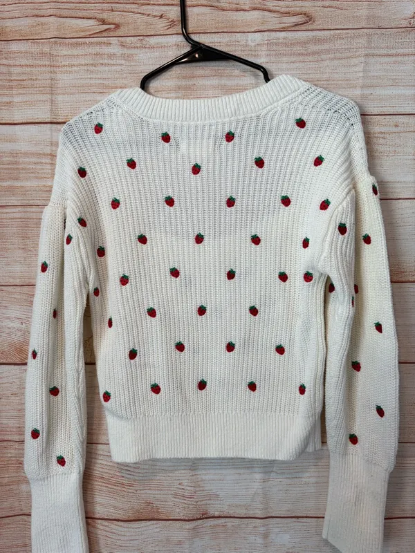 Maeve Cream Square-Neck Sweater with Red Strawberry Embroidery New no Tags - Image 3