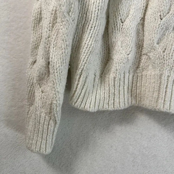 Aerie Cream White Cable Knit Sweater Chunky Cotton Blend Crew Neck Small - Image 9