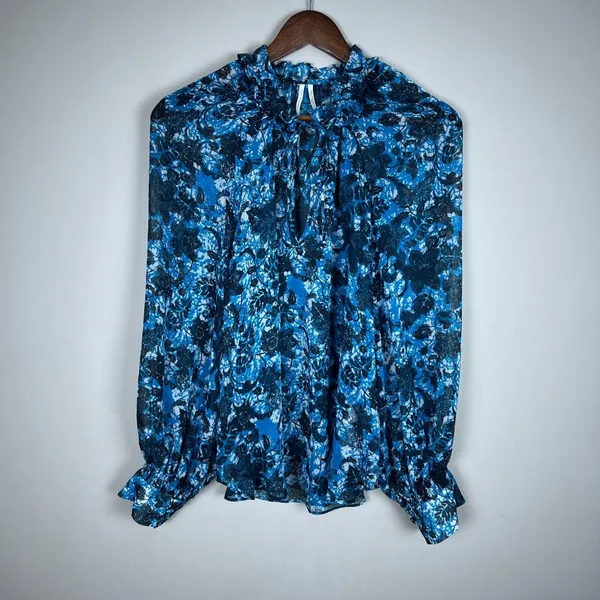 By Anthropologie Blouse Top Womens Large Blue Sheer Floral Boho Long Sleeve‎ Tie - Image 8