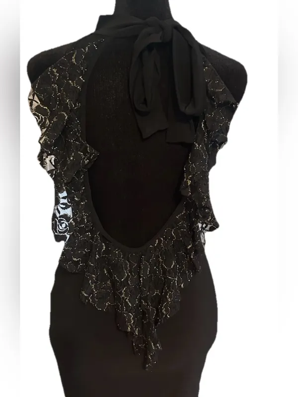 Black Ruffle Backless Halter Dress Size XS - Image 2