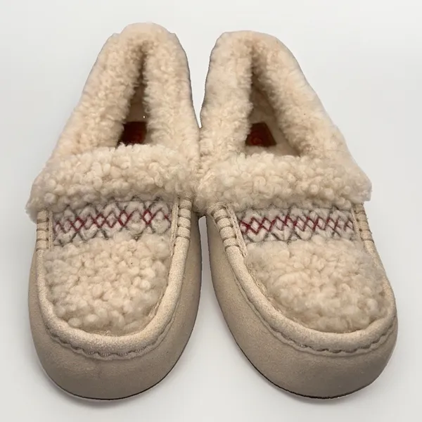 UGG Ansley Heritage Braid Suede Moccasin Slippers Sand Cream Shearling Womens 9 - Image 3