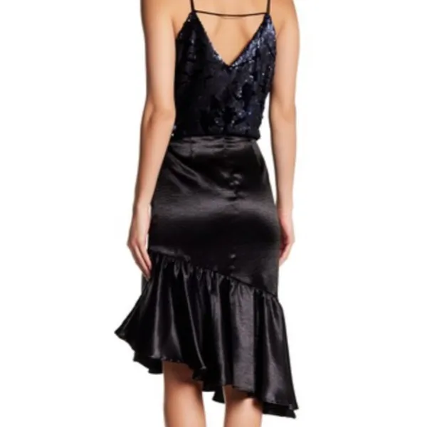 Ro & De Black Satin Asymmetrical Ruffle Midi Skirt NWT S - Image 3