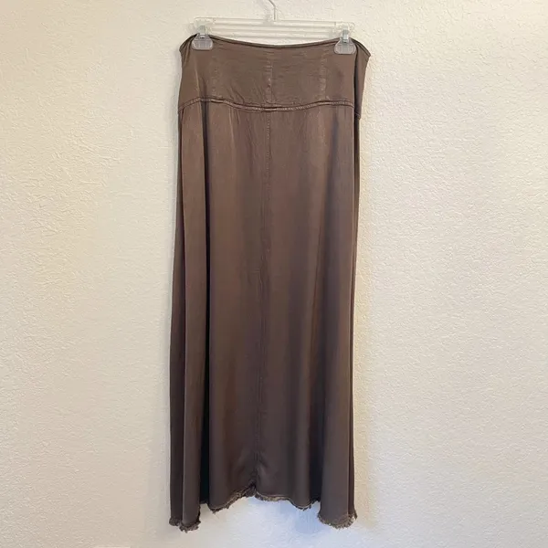 Raquel Allegra Satin Maxi Skirt L Button Front Boho Indie Minimalist Moss Brown - Image 6
