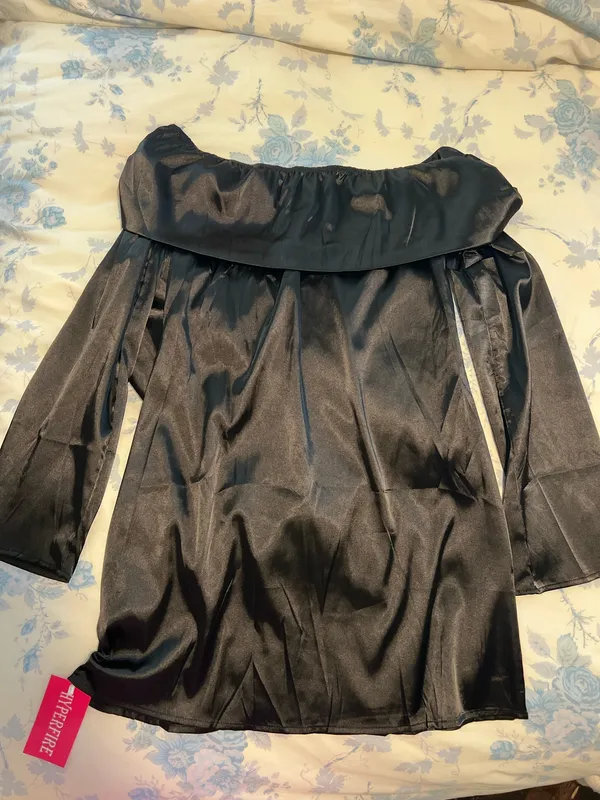 Women’s elegant satin off the shoulder long sleeve mini dress - Image 2