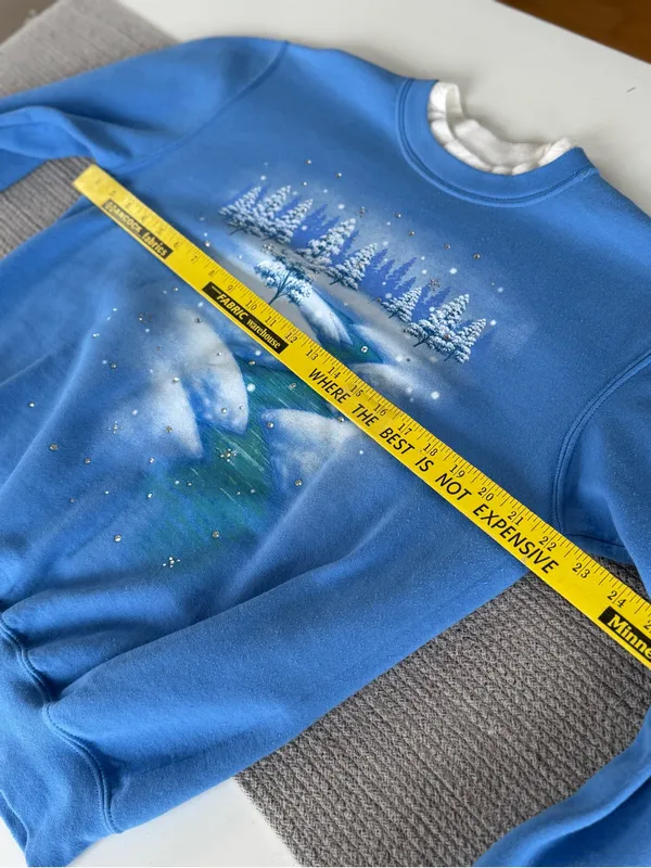 Vintage 80s 90s Cottagecore Blue Winter Scene Sweatshirt Rhinestone Accents Sz M - Image 6