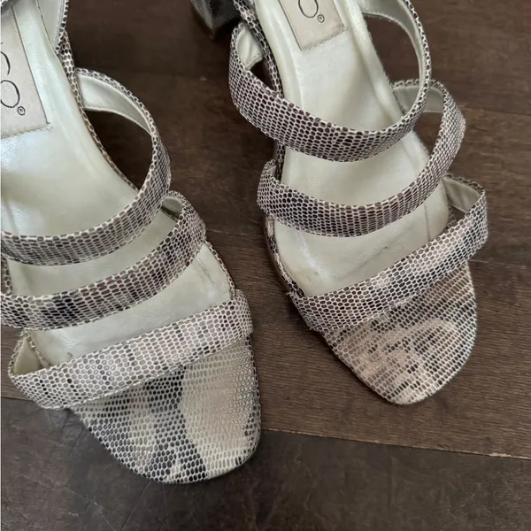 Vintage calico leather snakeskin pattern strappy block heel sandal shoe - Image 2