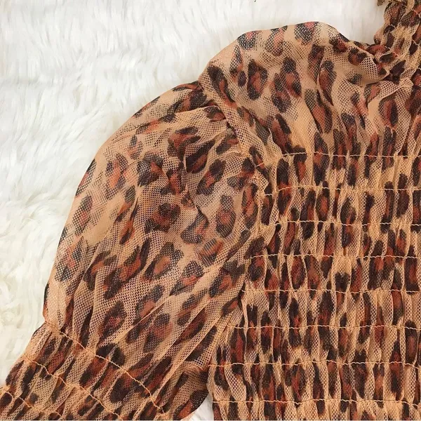 FREE PEOPLE Sheer Leopard Print Smocked Long Sleeve Top Mock‎ Neck Size XS New - Image 7