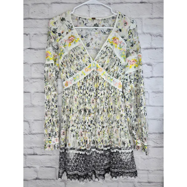 Free People Soli Plunge Long Sleeve Floral Lace Embroidered Mini Dress XS S - Image 4