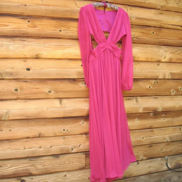 NWT Mac Duggal 55823 RUCHED CUT OUT PUFF SLEEVE A LINE GOWN Berry 12 - Image 7