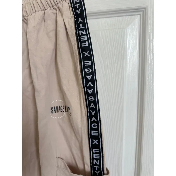 Savage X Fenty‎ Beige Cargo Pants Size S Elastic Waist Logo Tape Casual Lounge - Image 4