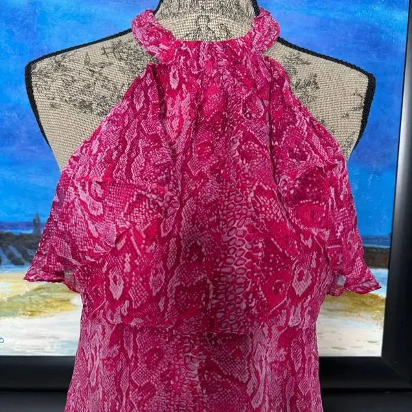 BCBGMaxAzria Ruffled Pink Snake Print Silk Halter Blouse Top Azaelea SMALL - Image 3