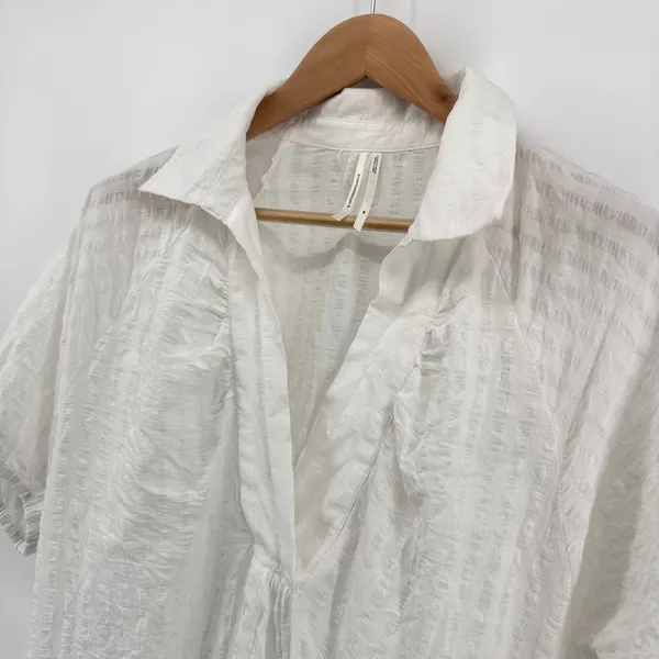Anthropologie White V-Neck‎ Tiered Sleeve Tunic Dress Textured Collared Medium - Image 5