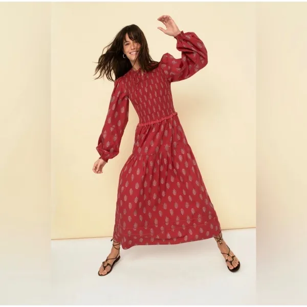 Sonmer Camila Dress Womens Small Burgundy Boho Smocked Eyelet Lace Maxi Floral - Image 3