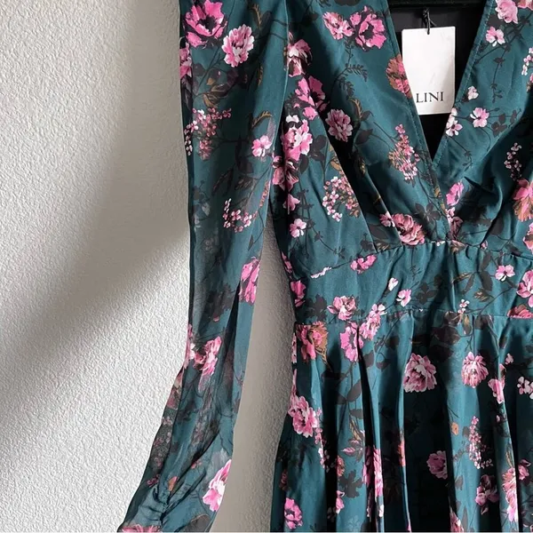LINI Isabelle Floral Mini Dress Teal Pink Puff‎ Long Sleeve V-Neck Fit & Flare - Image 4