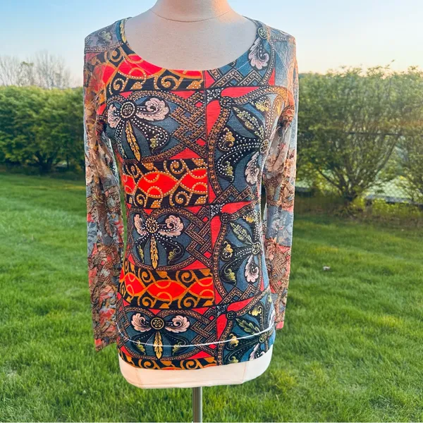 Vocal Rhinestone Embellished Mesh Top | Boho Y2K Graphic Print Long Sleeve M - Image 5