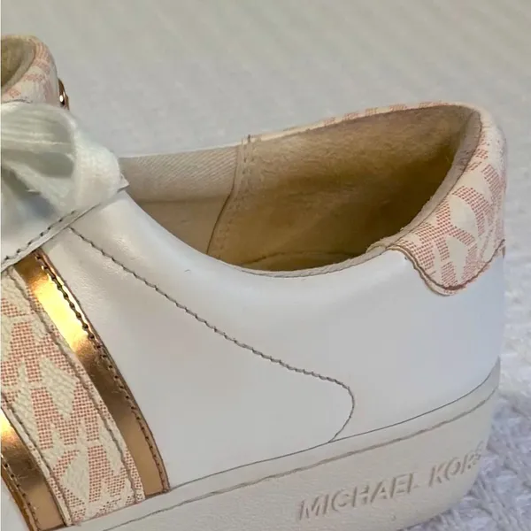 Michael Kors Irving‎ Stripe Sneakers Womens 9M White Rose Gold Leather Logo - Image 8