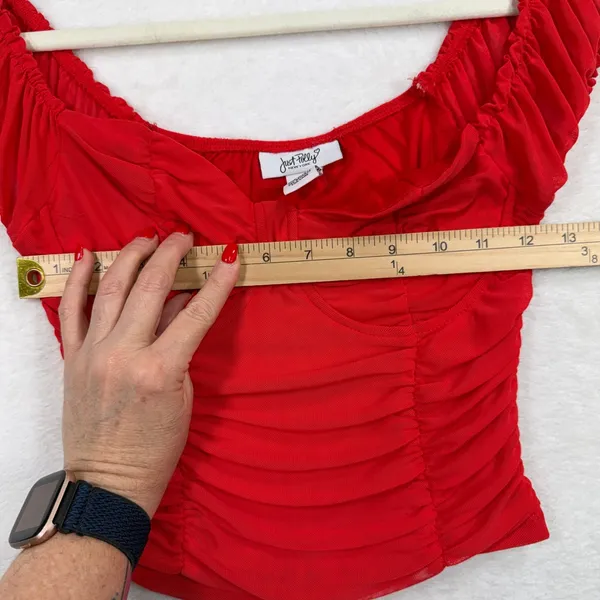 Just Polly Size S Red Corset Top Ruched Mesh Sweetheart Cap Sleeve Cropped - Image 8