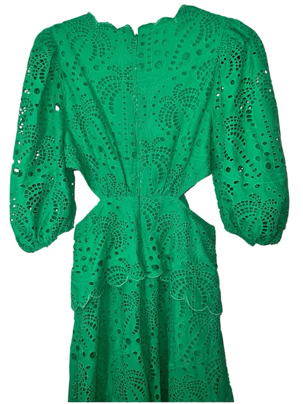 FARM Rio Green Richelieu Cutwork Midi Dress Bright Green Eyelet Cotton Sz M NWT - Image 10