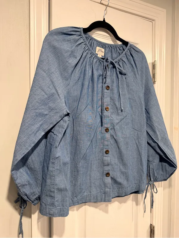 J. Crew Size S Blue Chambray Denim Bow Button Peasant Tie Sleeve Boho Top Blouse - Image 3