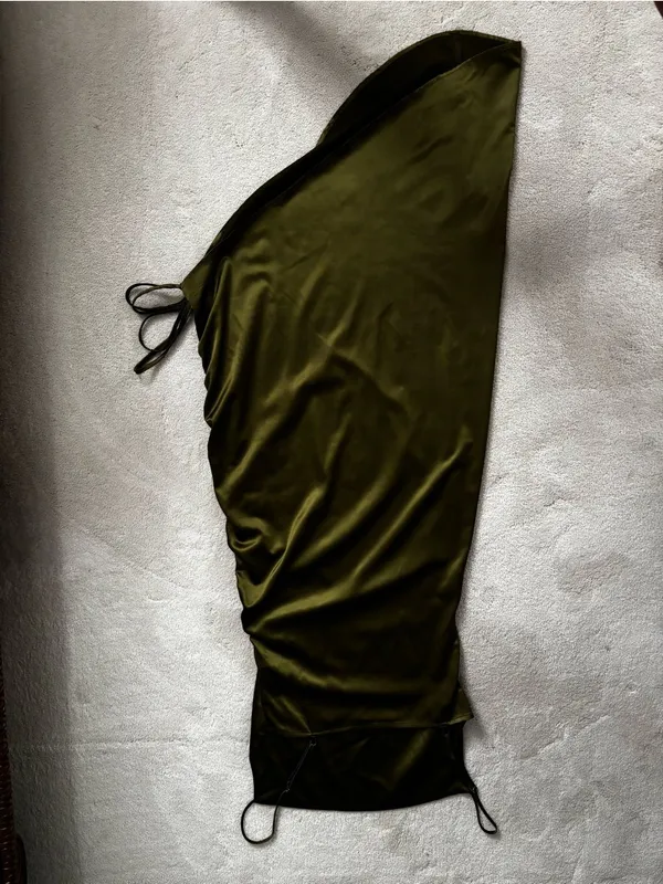 Olive Green High-Low Slip Dress with Side Ruching - Image 2