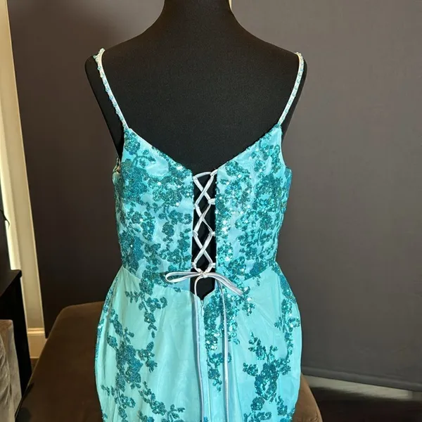 Women’s Blue Mermaid Fit Prom Party Dress Sparkly Sequins Leg Slit Size 12 - Image 5