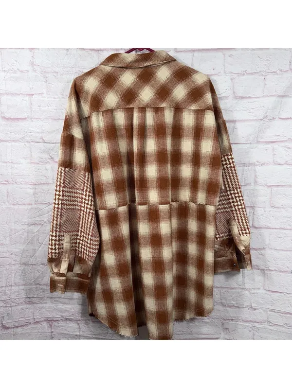 Fate Oversized Plaid Shacket Women’s Large Brown Cream Mixed Print Button NWT - Image 7