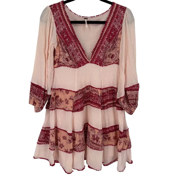 Free People Women's My Love Mini Dress Pink Size XS Boho Pom Pom Balloon Sleeves - Image 3