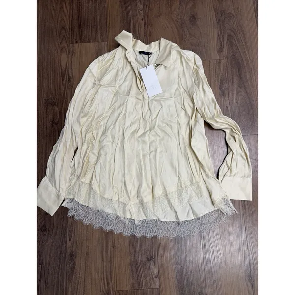 Zara Ecru Satin Long Sleeve Button Lace Top 90s Ethereal Coquette Romantic Fairy - Image 4