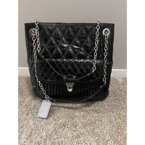 Vintage Coach Poppy Leather Slim Tote Bag‎ Sliding Chain Strap Purse Handbag Blk - Image 7