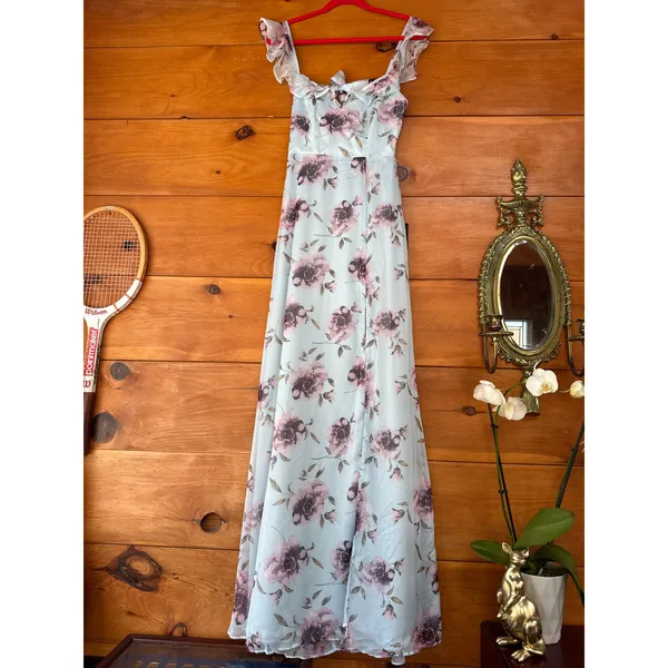 NWT Lulus Sweetest Entrance Light Blue Floral Ruffled Tie-Back Maxi Dress Sz S - Image 2