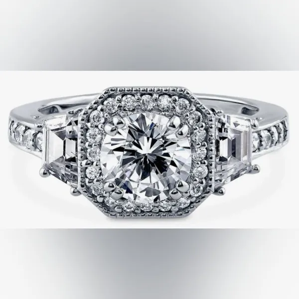 Sterling Silver Round Cubic Zirconia Halo Art Deco Ring (5) - Image 3