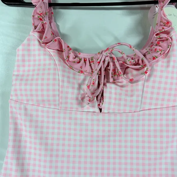 Blogilates Pink Gingham Ruffle Lace Up Tank Top Floral Trim Small NWT Balletcore - Image 5