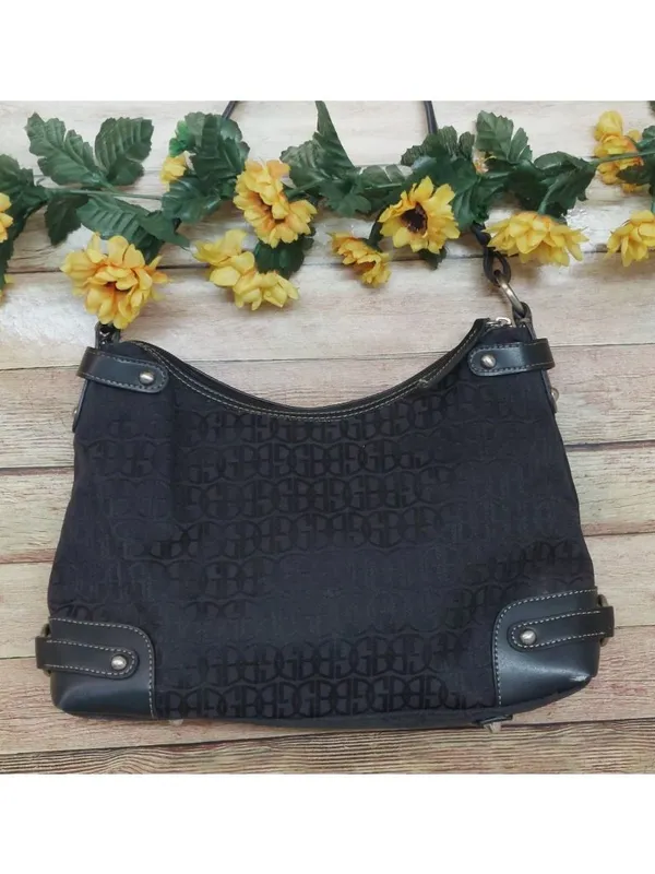 Gianni Bini Black Baguette Signature Print Leather Accent Shoulder Bag Purse - Image 6