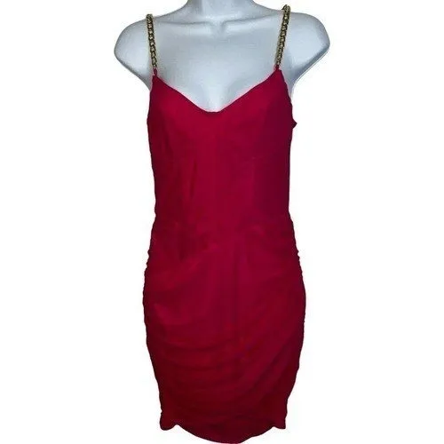 PRETTYLITTLETHING Hot Pink Ruched Bodycon‎ Mini Dress Gold Chain Straps NWT 6 - Image 2