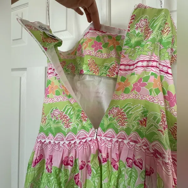 Lilly Pulitzer Strapless Floral monkey Cotton Midi Dress Pink Green Size 6 - Image 5