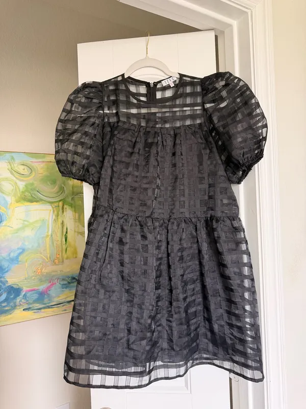 TCEC Black Organza Gridded Puff Sleeve Dress - Image 2
