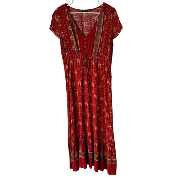 Floral Blooming Red‎ Boho Maxi Dress XXL Empire Waist Button V-Neck Cottagecore - Image 2