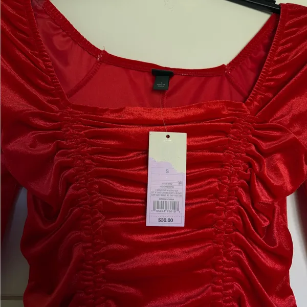Red Ruched Long Sleeve Mini Dress - Image 2