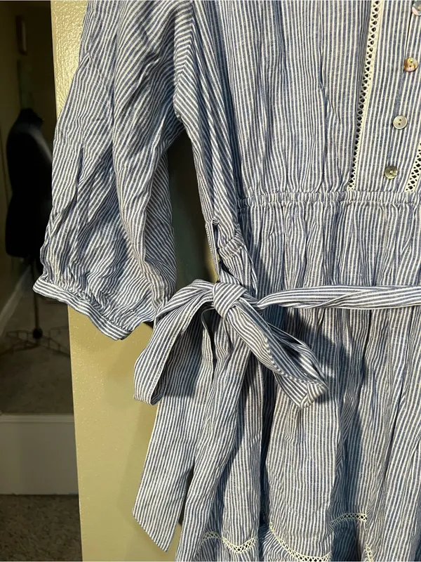 Zara Women's Size Large Mini Shirt Dress Blue White Stripes Crochet Belted Linen - Image 8