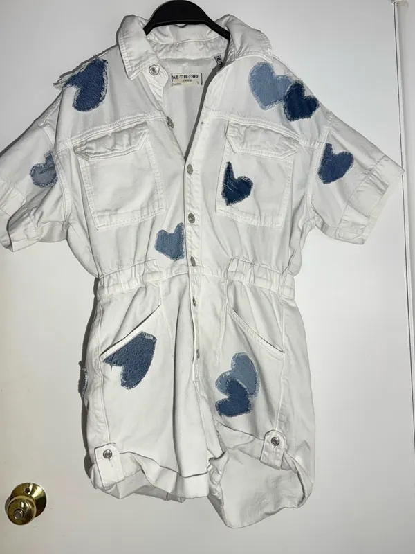 We The Free White Patchwork Denim Shortalls with Light Blue Heart Patch - Image 5