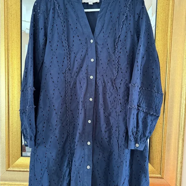 Loft Navy Blue Eyelet Button-Down Dress - Image 4