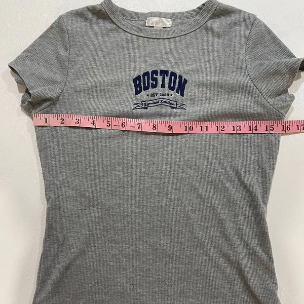 Orange Kiss Boston Ribbed Baby Tee Gray Short Sleeve Fitted Top Size L - Image 6