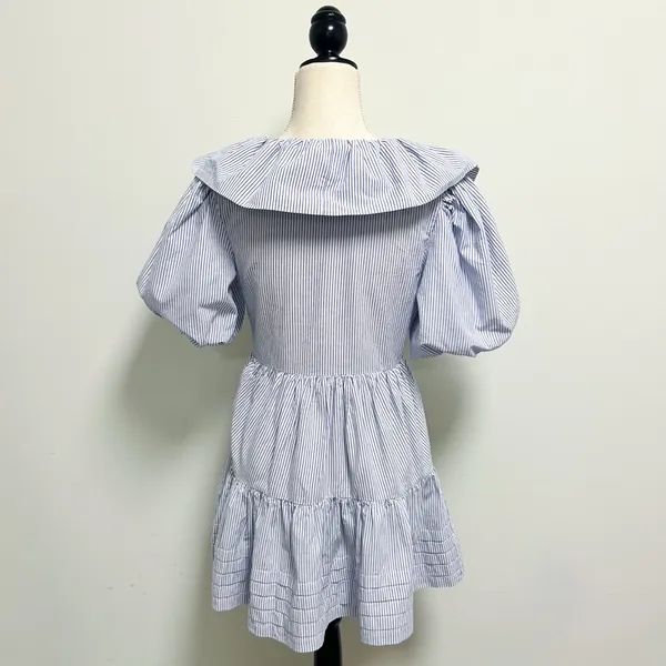 Saylor Blue White Stripe Zerina Plunging V Neck Puff Short Sleeve Mini Dress S - Image 6