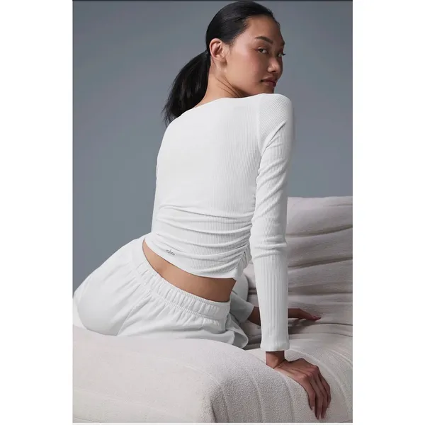 Alo Yoga Gather Long Sleeve White Ribbed Ruched Crop Top XS - Image 2