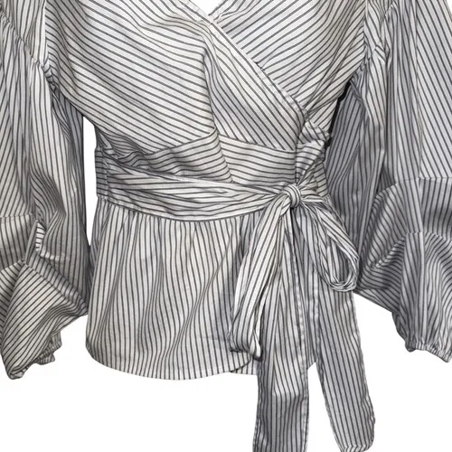 EXPRESS Belted Wrap Tie Top 3/4" Balloon Sleeves Cerulean Blue & White‎ NWOT S - Image 4
