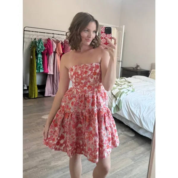 MAEVE Jaquard Strapless Mini Dress in Pink Combo Size Medium - Image 3