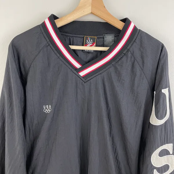 Vintage USA Olympic Black White Graphic Windbreaker Track Pullover Jacket - Image 3